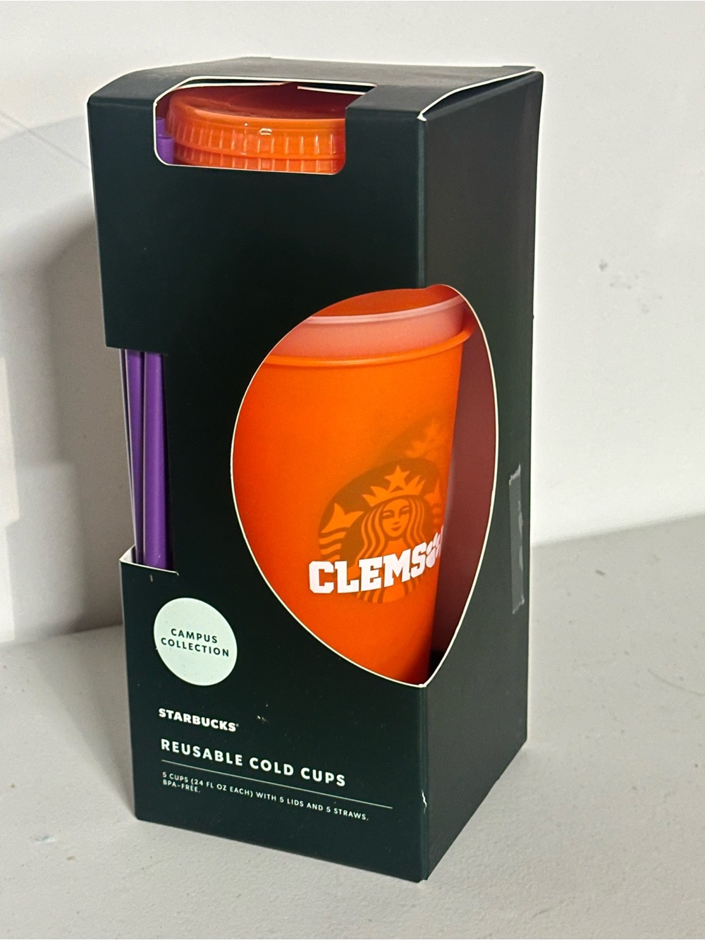 Starbucks Orange Reusable Cold Cup with Purple Straw